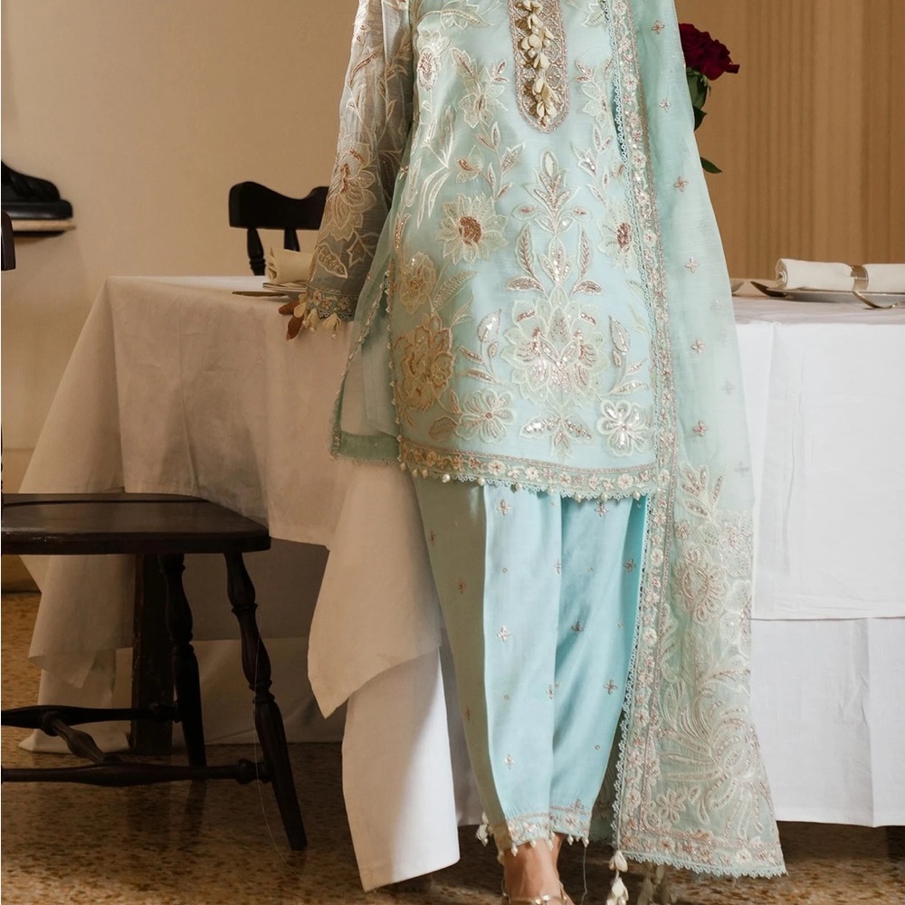 Sana Safinaz L Elegant Light Green/Sky Blue Embroidered Kurta Set - Picture 4 of 15